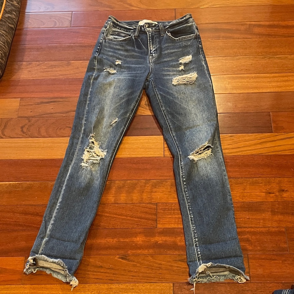 Buckle Distressed Straight Leg Jeans - Dark Blue